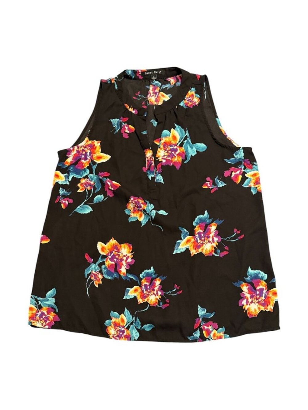 Sweet Rain Women's Floral Sleeveless Blouse Tank Top Shirt Sz L Black Multicolor